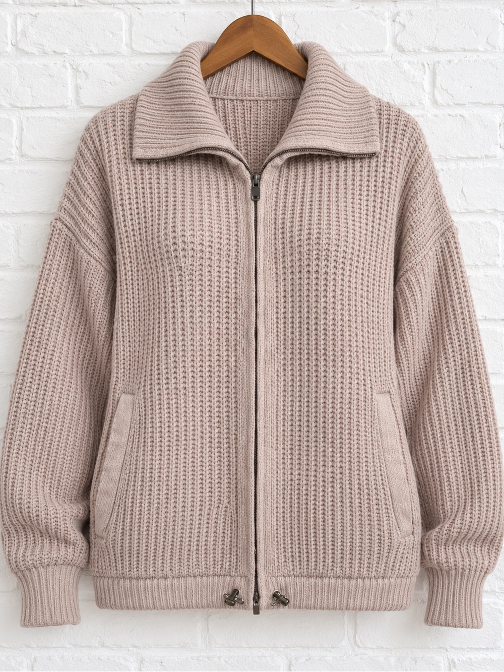 FLX Taupe Chunky Knit Zip Front Sweater Jacket